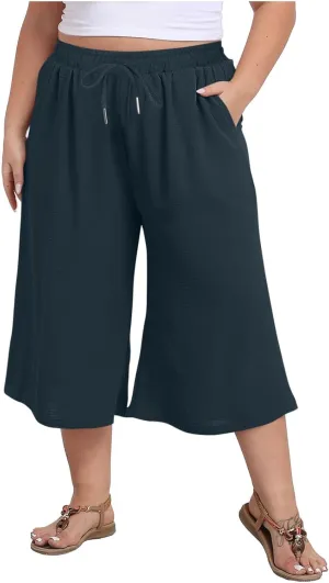 YRAETENM Plus Size Women's Linen Capri Pants Casual High Waisted Drawstring Lounge Trousers Wide Leg Capris with Pockets