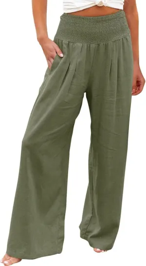YRAETENM Women Linen Palazzo Pants Flowy Boho Wide Leg High Waist Trousers Casual Lounge Pants Beach Travel Vacation Outfits