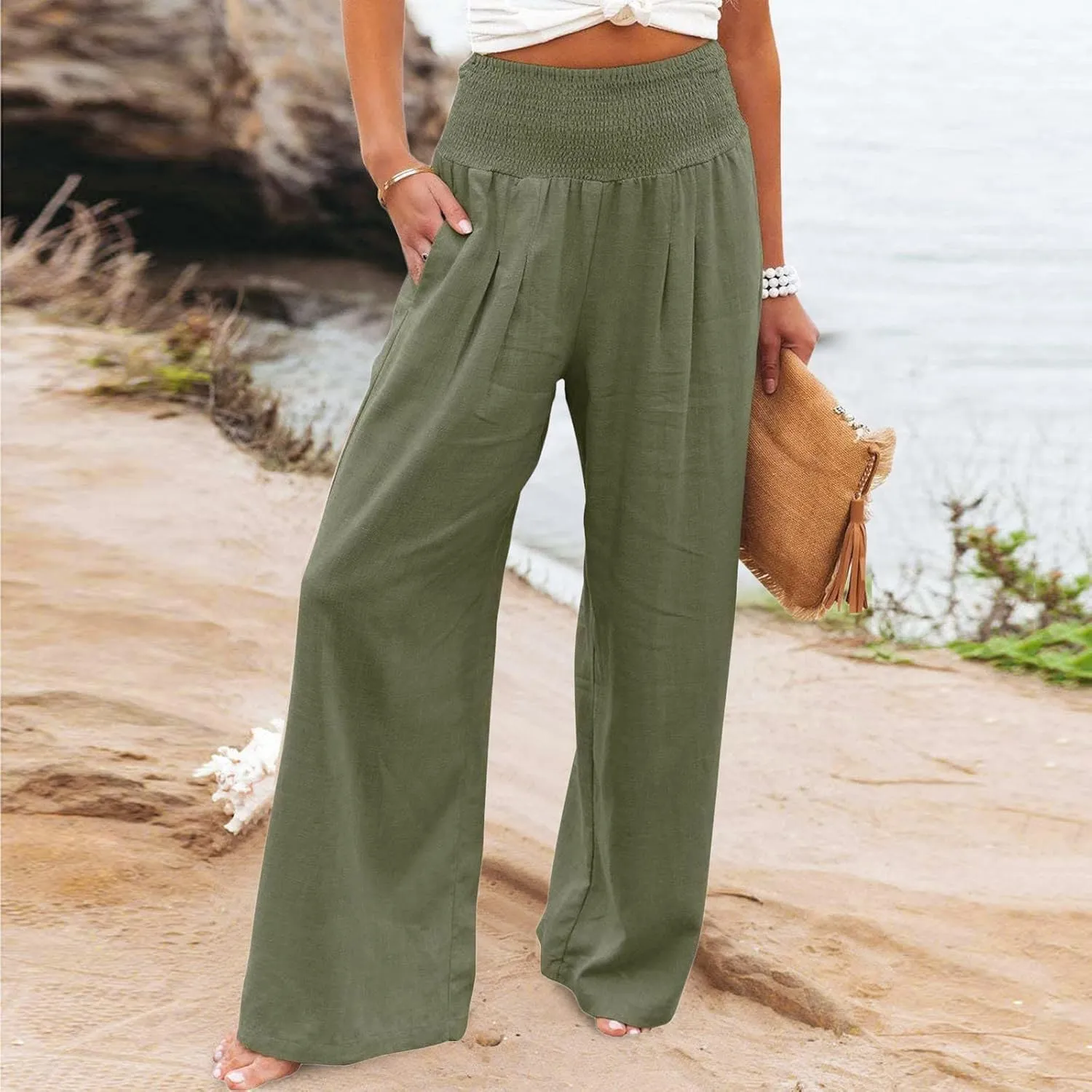 YRAETENM Women Linen Palazzo Pants Flowy Boho Wide Leg High Waist Trousers Casual Lounge Pants Beach Travel Vacation Outfits