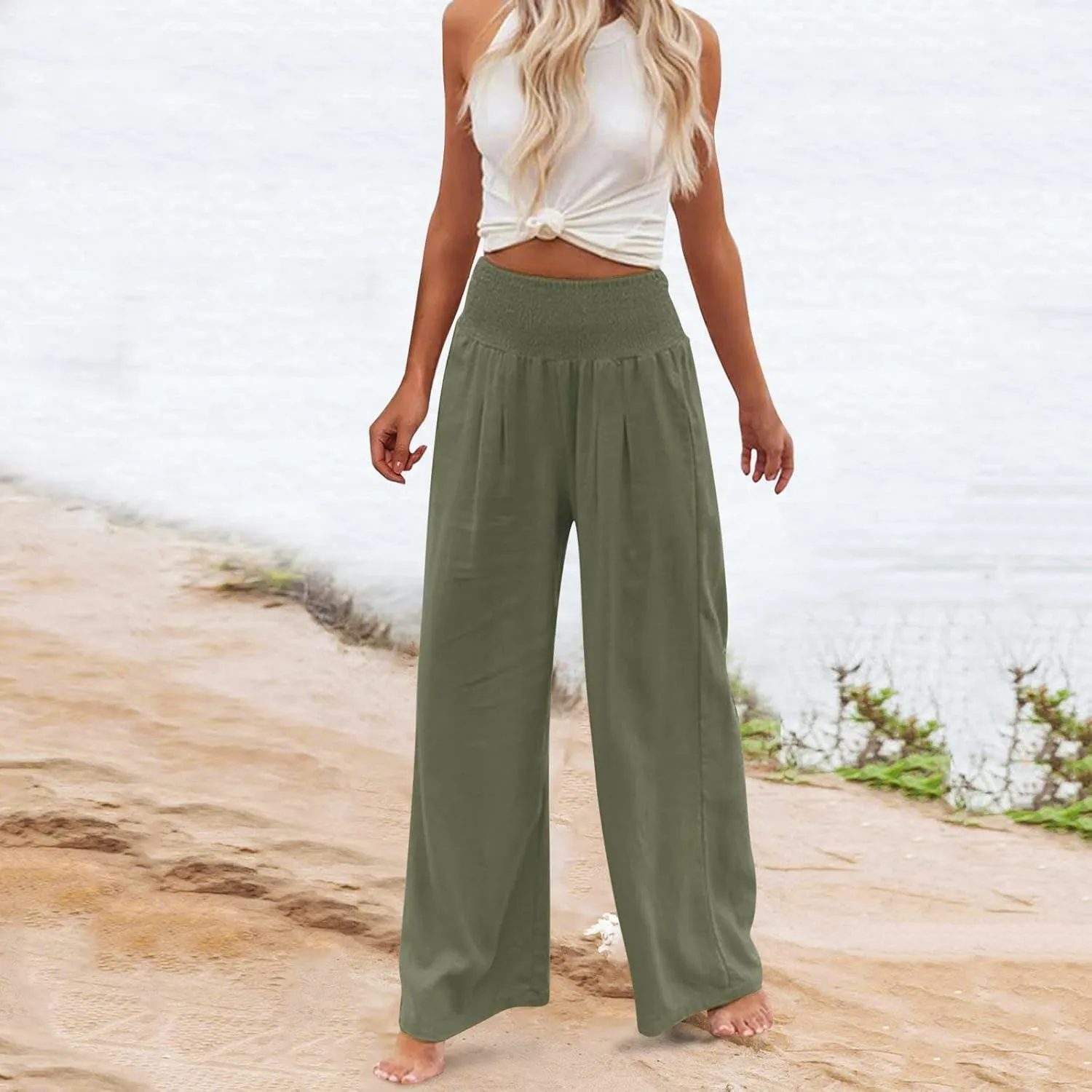 YRAETENM Women Linen Palazzo Pants Flowy Boho Wide Leg High Waist Trousers Casual Lounge Pants Beach Travel Vacation Outfits
