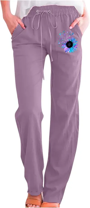YRAETENM Womens Casual Cotton Linen Pants Summer Lightweight Loose Fit Elastic Waist Trousers Plus Size Lounge Long Trousers