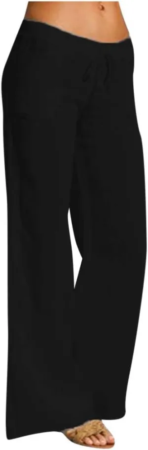YRAETENM Womens Cotton Linen Palazzo Pants Summer Drawstring Elastic Waist Lounge Pants Casual Wide Leg Trousers with Pockets