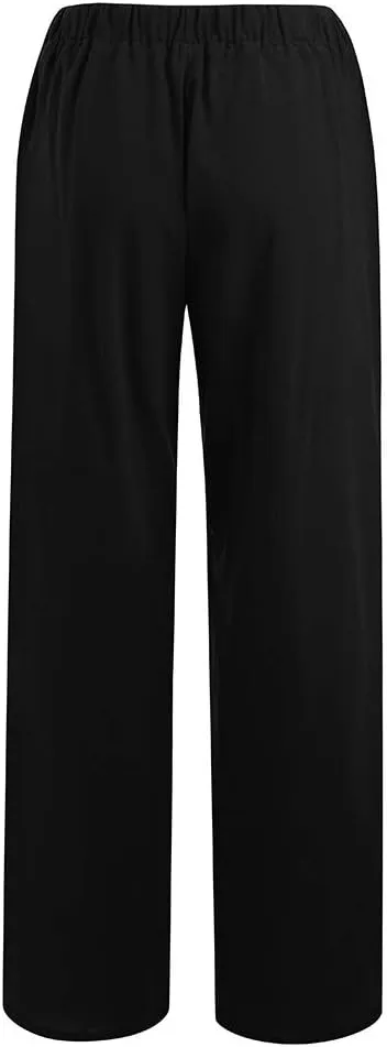 YRAETENM Womens Cotton Linen Palazzo Pants Summer Drawstring Elastic Waist Lounge Pants Casual Wide Leg Trousers with Pockets