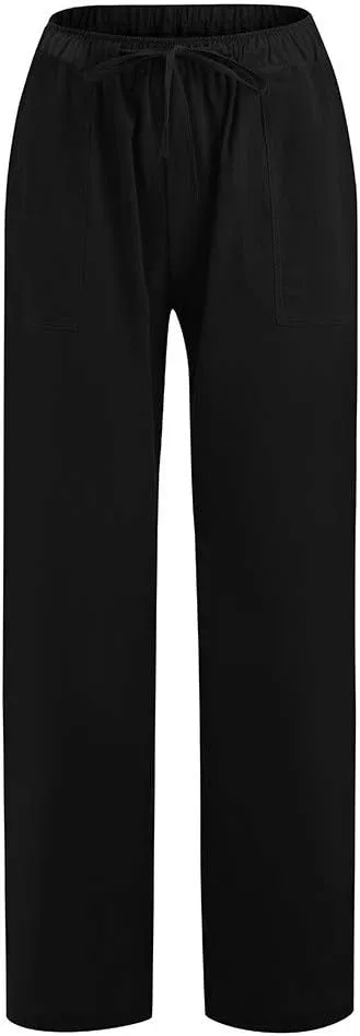 YRAETENM Womens Cotton Linen Palazzo Pants Summer Drawstring Elastic Waist Lounge Pants Casual Wide Leg Trousers with Pockets