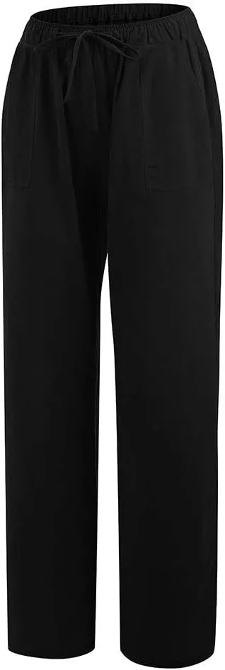 YRAETENM Womens Cotton Linen Palazzo Pants Summer Drawstring Elastic Waist Lounge Pants Casual Wide Leg Trousers with Pockets