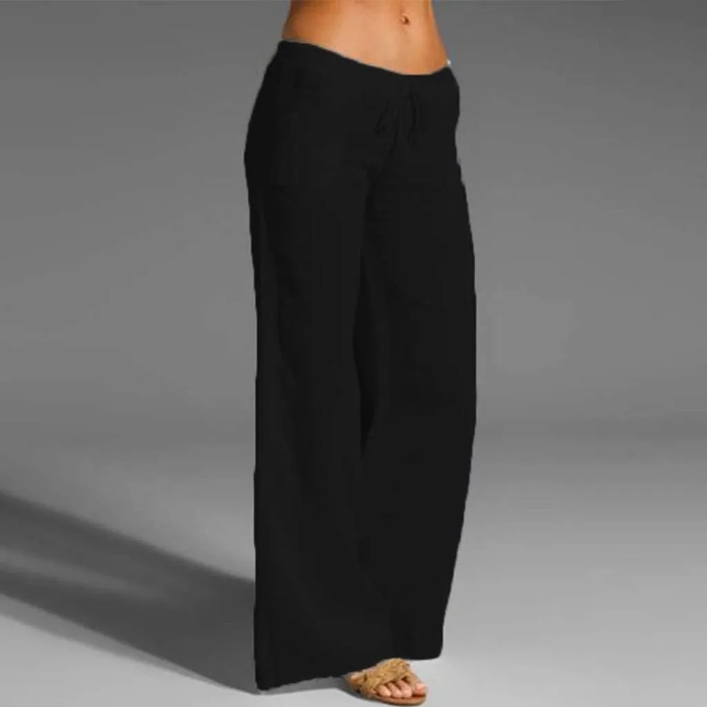 YRAETENM Womens Cotton Linen Palazzo Pants Summer Drawstring Elastic Waist Lounge Pants Casual Wide Leg Trousers with Pockets