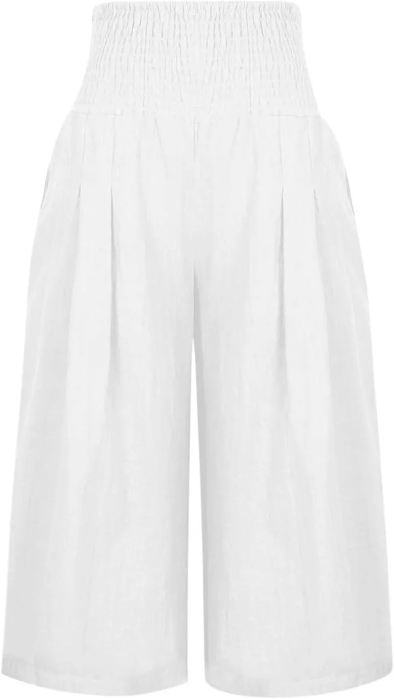 YRAETENM Women's Summer Linen Pants Casual Elastic Waisted Bohemian Capris Trousers Loose Comfy Wide Leg Pants with Pockets