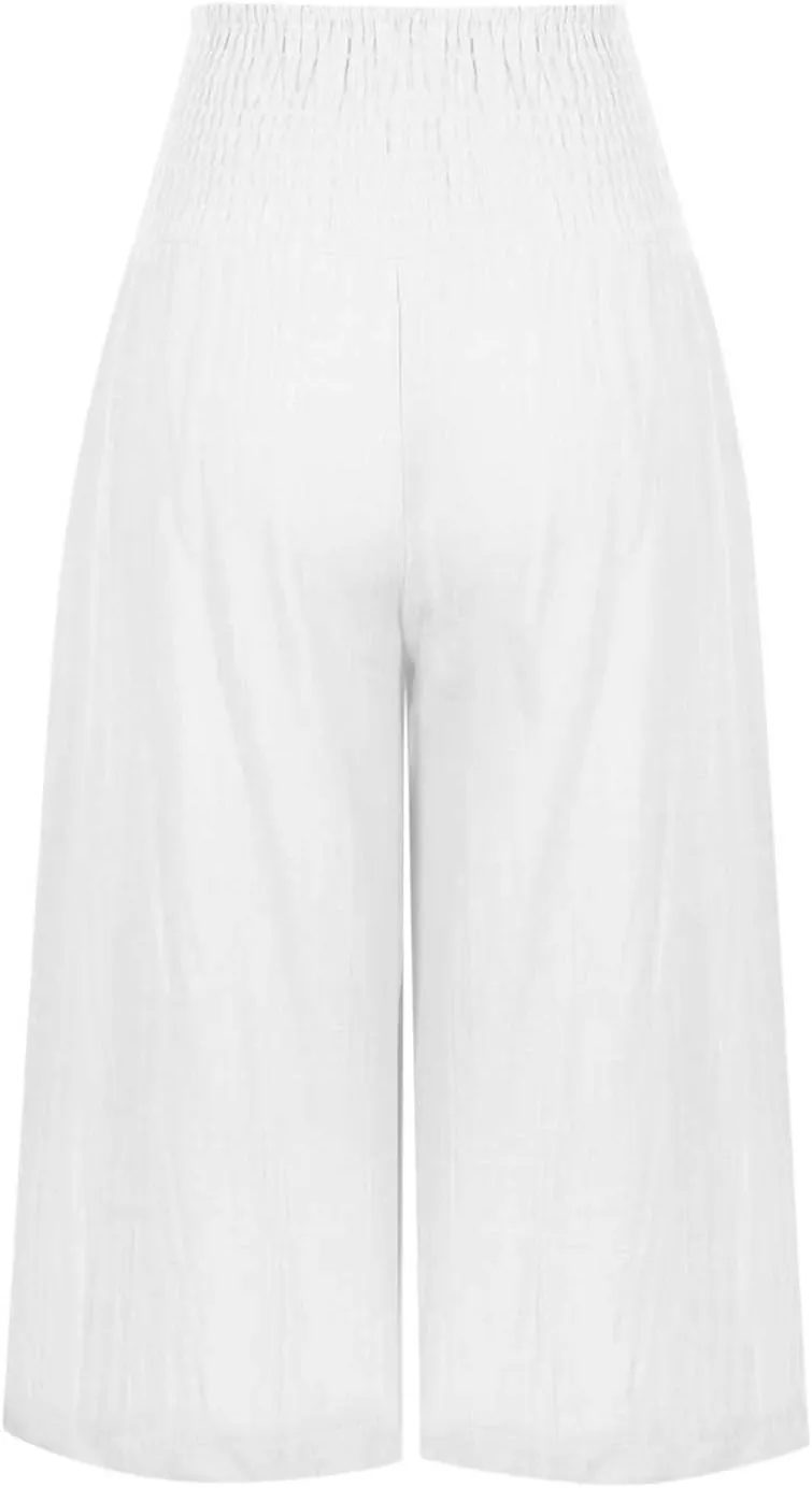 YRAETENM Women's Summer Linen Pants Casual Elastic Waisted Bohemian Capris Trousers Loose Comfy Wide Leg Pants with Pockets