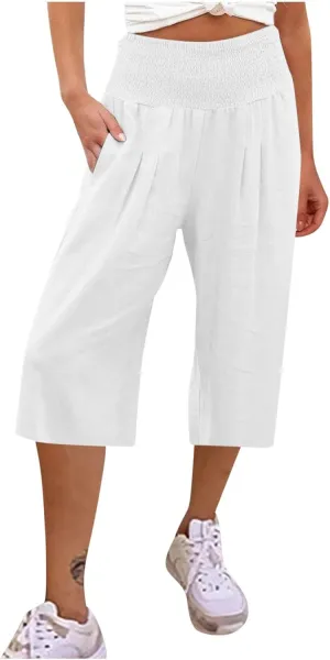 YRAETENM Women's Summer Linen Pants Casual Elastic Waisted Bohemian Capris Trousers Loose Comfy Wide Leg Pants with Pockets