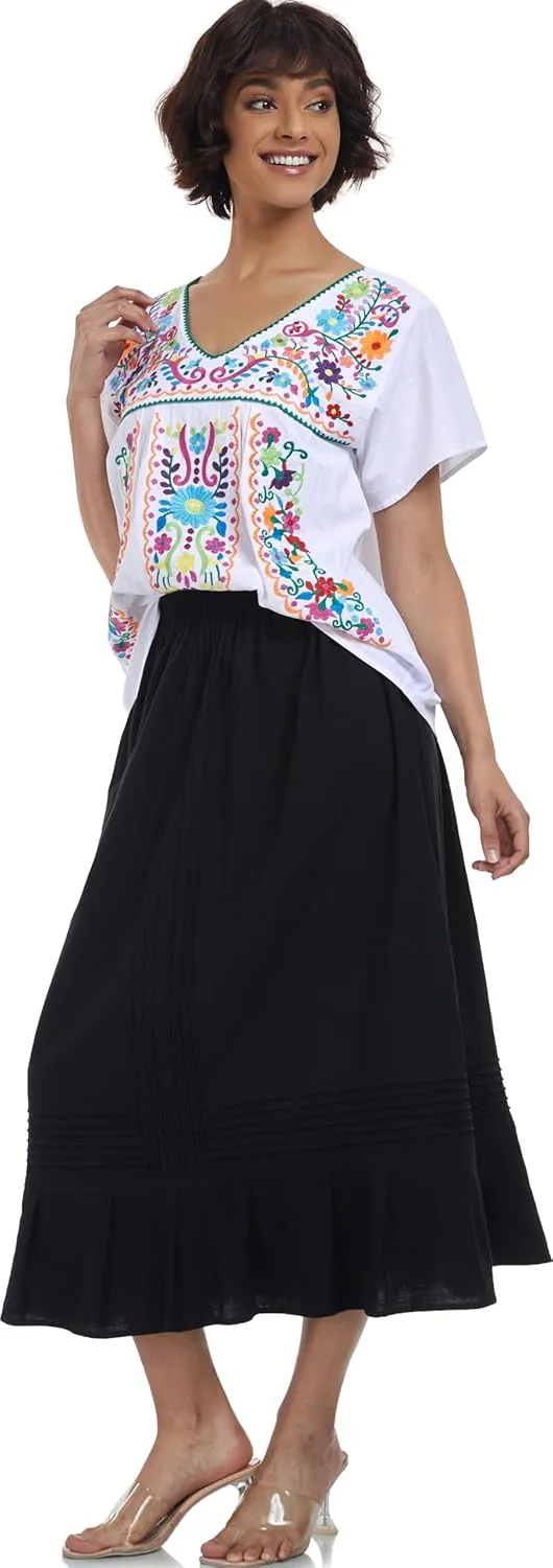 YZXDORWJ Women's Mexican V Neck Top Peasant Embroidered Blouse Traditional Summer Short Sleeve Shirt
