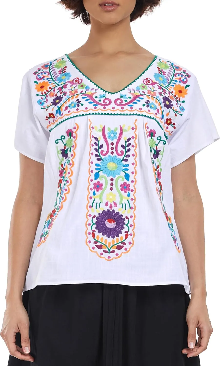 YZXDORWJ Women's Mexican V Neck Top Peasant Embroidered Blouse Traditional Summer Short Sleeve Shirt