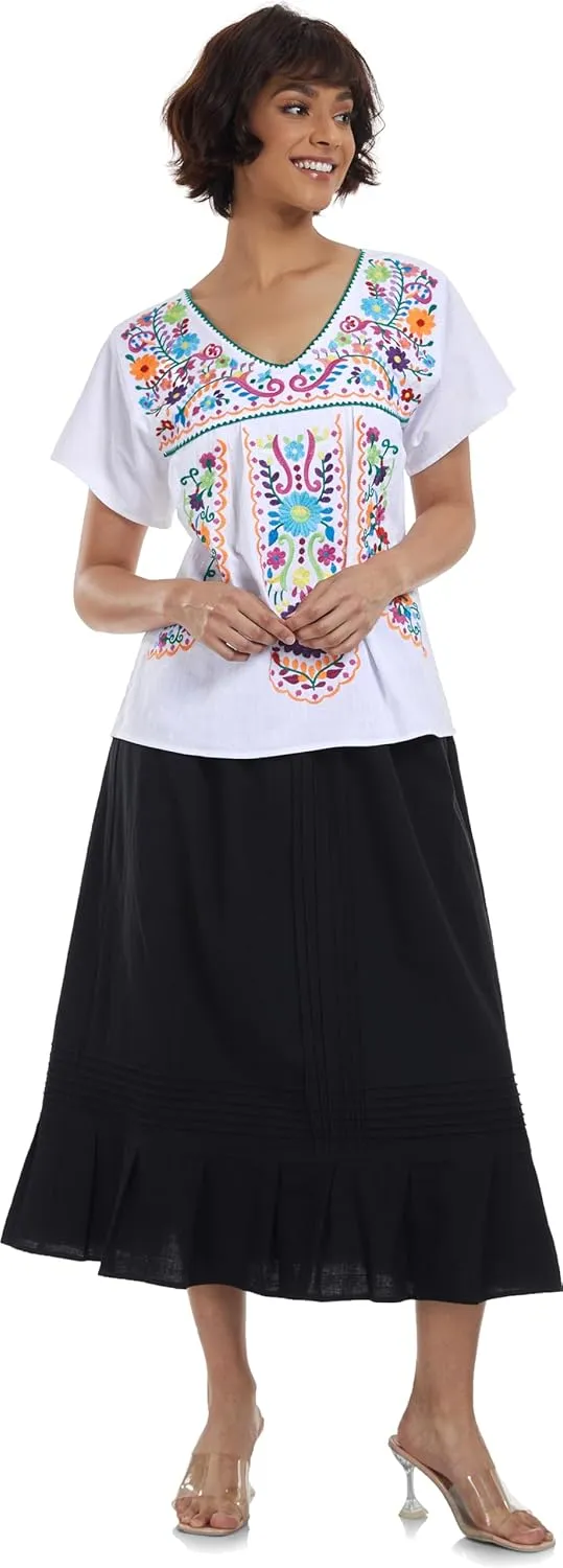 YZXDORWJ Women's Mexican V Neck Top Peasant Embroidered Blouse Traditional Summer Short Sleeve Shirt