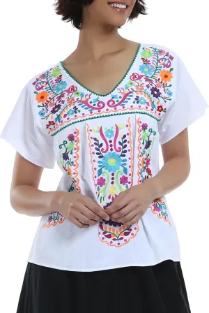 YZXDORWJ Women's Mexican V Neck Top Peasant Embroidered Blouse Traditional Summer Short Sleeve Shirt
