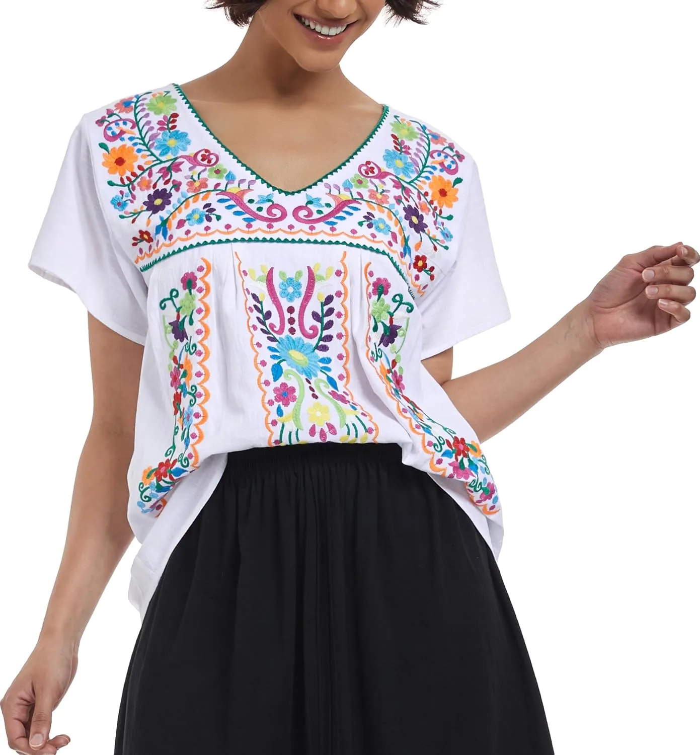 YZXDORWJ Women's Mexican V Neck Top Peasant Embroidered Blouse Traditional Summer Short Sleeve Shirt