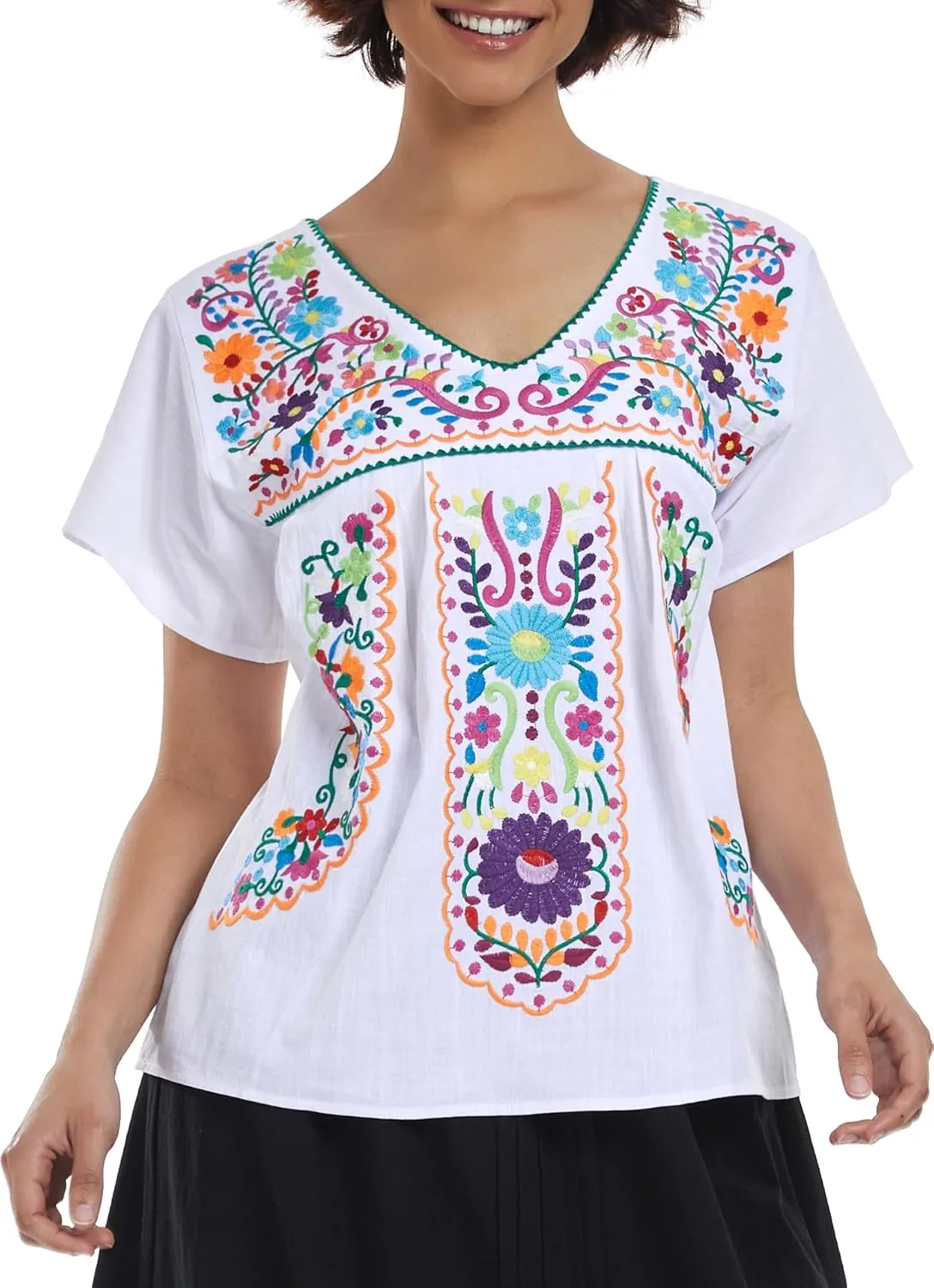 YZXDORWJ Women's Mexican V Neck Top Peasant Embroidered Blouse Traditional Summer Short Sleeve Shirt