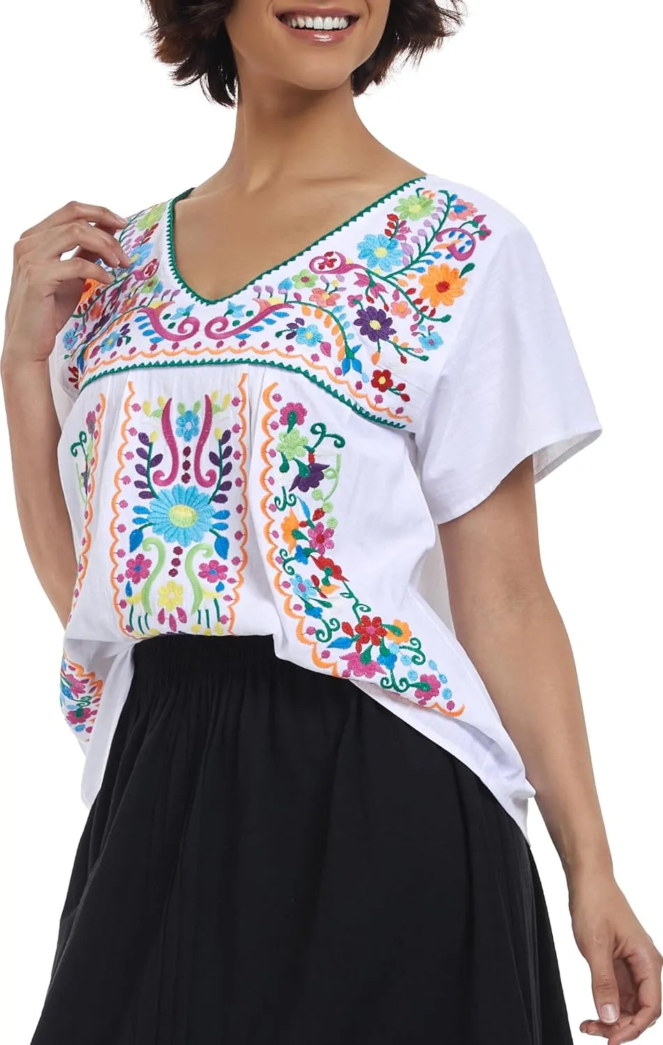YZXDORWJ Women's Mexican V Neck Top Peasant Embroidered Blouse Traditional Summer Short Sleeve Shirt
