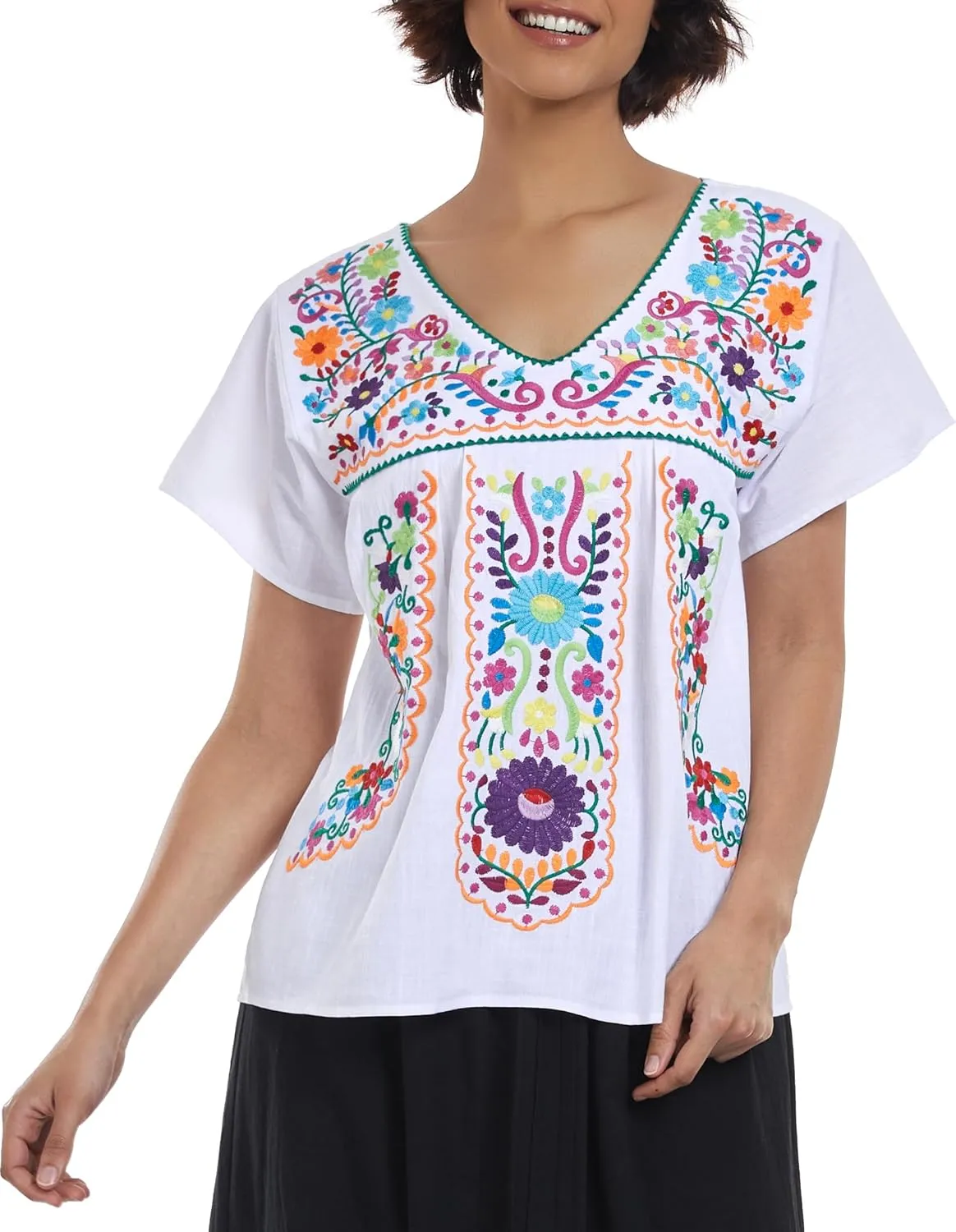 YZXDORWJ Women's Mexican V Neck Top Peasant Embroidered Blouse Traditional Summer Short Sleeve Shirt