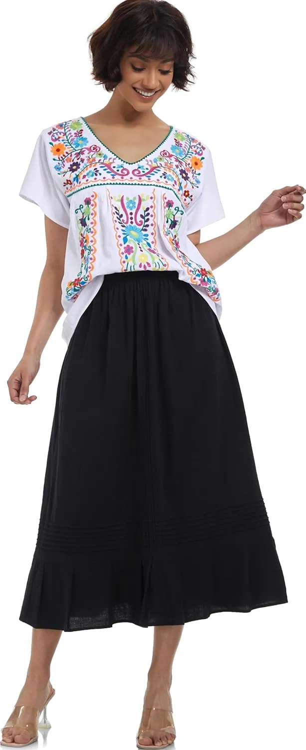 YZXDORWJ Women's Mexican V Neck Top Peasant Embroidered Blouse Traditional Summer Short Sleeve Shirt