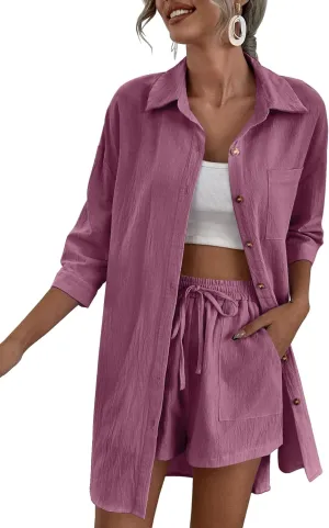 Zeagoo Womens 2 Piece Lounge Tracksuit Outfit Sets Cotton Linen High Low Shirt and Drawstring Casual Shorts Set