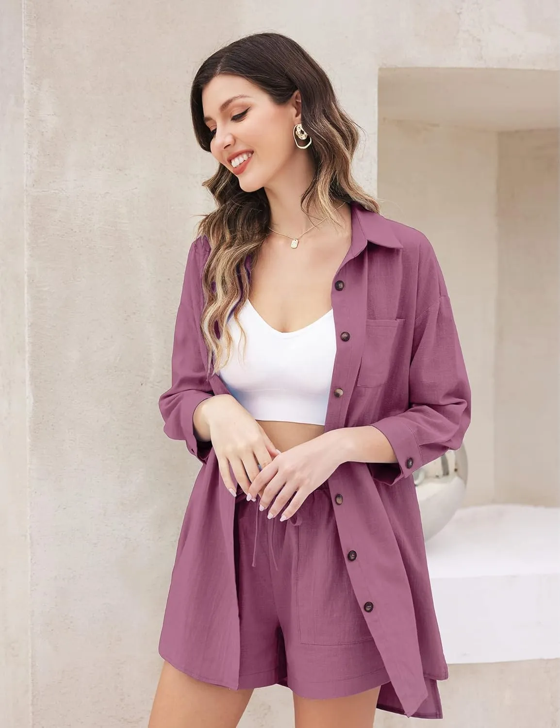 Zeagoo Womens 2 Piece Lounge Tracksuit Outfit Sets Cotton Linen High Low Shirt and Drawstring Casual Shorts Set