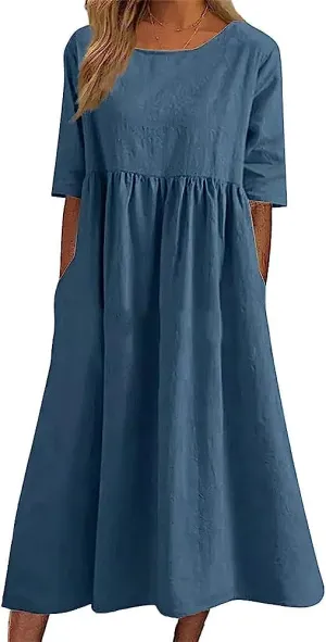 ZOCANIA Women's Half Sleeve Linen Maxi Dresses Casual Loose Plus Size Beach Dress for Women with Pockets