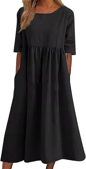 ZOCANIA Women's Half Sleeve Linen Maxi Dresses Casual Loose Plus Size Beach Dress for Women with Pockets