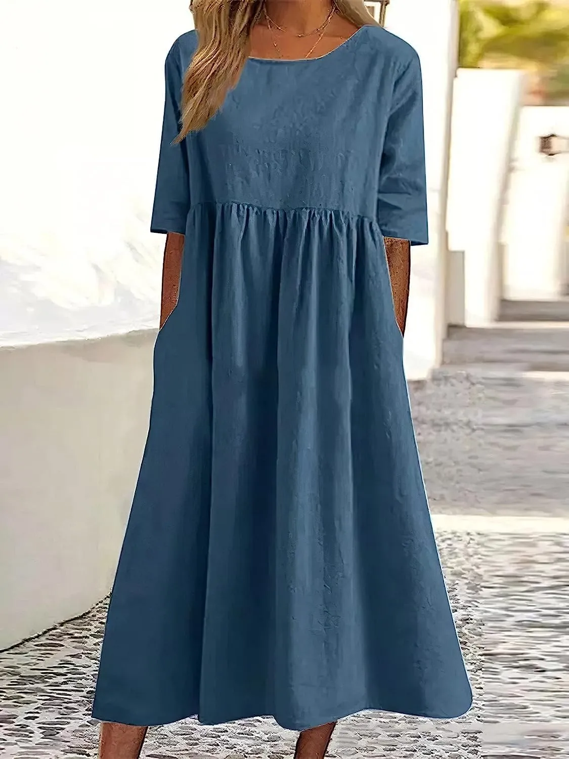 ZOCANIA Women's Half Sleeve Linen Maxi Dresses Casual Loose Plus Size Beach Dress for Women with Pockets