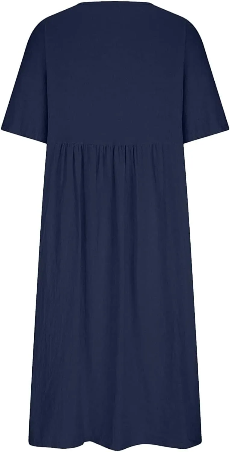 ZOCANIA Women's Half Sleeve Linen Maxi Dresses Casual Loose Plus Size Beach Dress for Women with Pockets