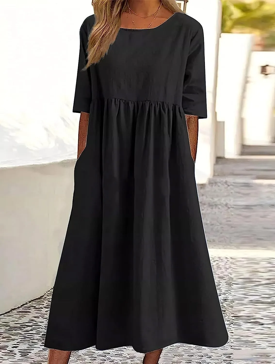 ZOCANIA Women's Half Sleeve Linen Maxi Dresses Casual Loose Plus Size Beach Dress for Women with Pockets